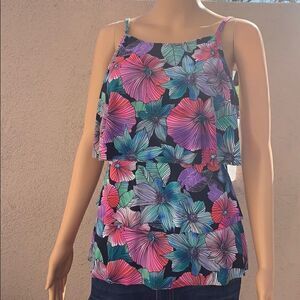 American Beach Women Tankini Swim Top Spaghetti Strap Silky Floral Ruffles New